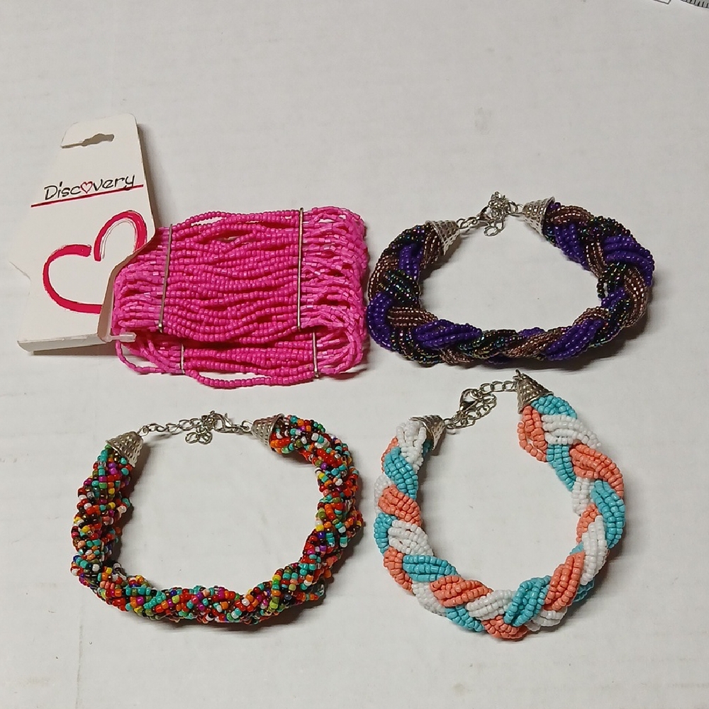 Beaded Bracelet Lot Pink 30 Row Sea Bead + Braided Multicolor Seed Beads India